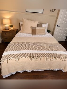 Creative Co-Op Beige and White Striped Cotton Throw Blanket - sku 169